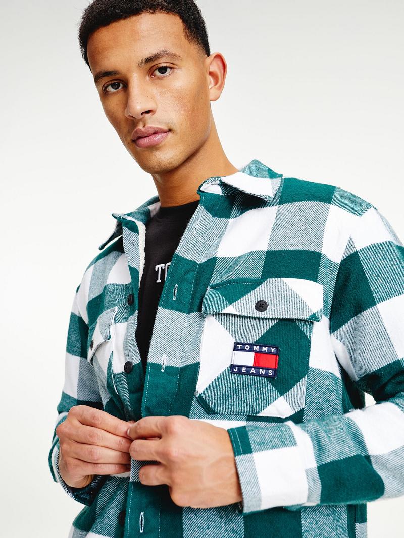 Férfi Tommy Hilfiger Plaid flannel sherpa overshirt Ingek Zöld Fehér | HU 1049RVD